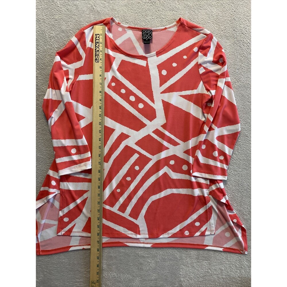 Clara Sun Woo Tunic Top Women's Medium Pink White Abstract Stretch Knit USA - Picture 3 of 7